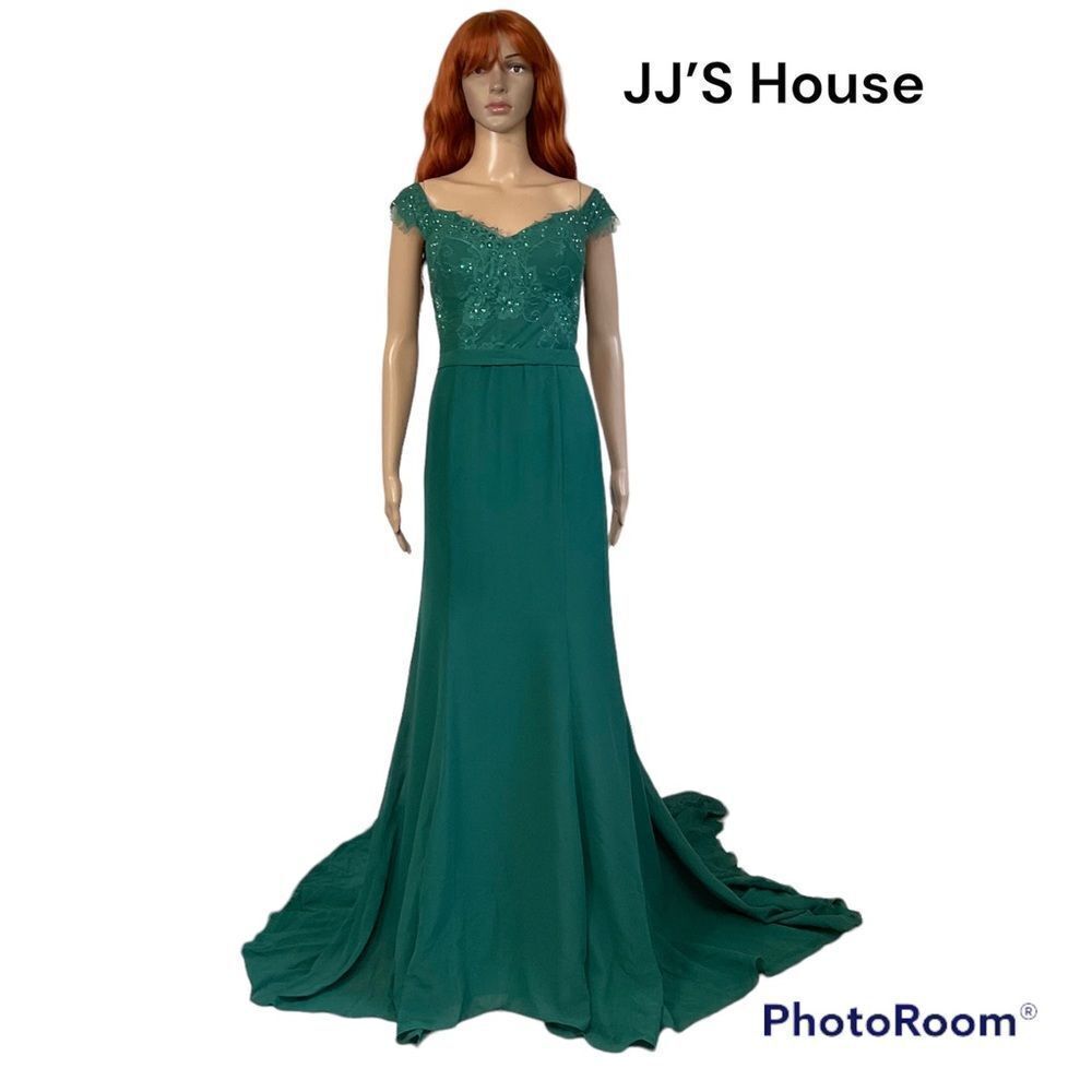 NEW JJ’S House dark green off the shoulder lace chiffon maxi prom dress 12
